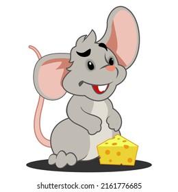 Vector Cartoon Mouse with Cheese. Happy Rodent with Appetizing Treat. Gray Parasite Eats Elite Luxury Cheese. Cute Fluffy Rat with a Pink Tail in Front of a Piece of Parmesan