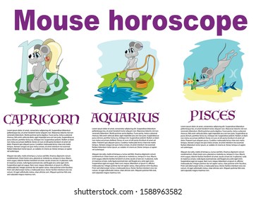 Vector cartoon mouse horoscope - set of Capricorn, Aquarius, Pisces