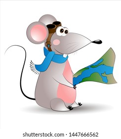 
Vector cartoon mouse in pilot uniform looks at a map.