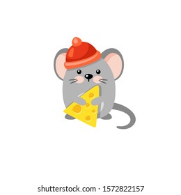 Vector cartoon mouse in a red hat with a piece of cheese. Cute holiday card. Christmas illustration