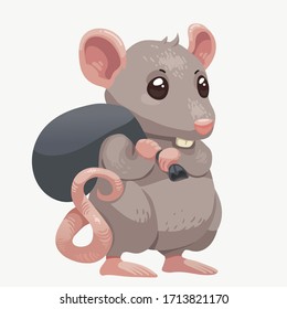 Vector cartoon mouse with tiny black sack. Cute gray rat with trash bag isolated on white