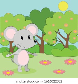 Vector cartoon mouse walking in park. Spring flowers and cartoon grey mouse