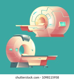 Vector cartoon MRI scanner for tomography, medical examination. Machine of magnetic resonance imaging for x-ray diagnosis. Modern technology for hospitals, clinics isolated on background.