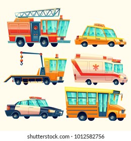 Vector cartoon municipal city services, emergency, police car, firetruck, ambulance, taxi transport, school bus, evacuator, social, public urban occupations Great illustration for networking, web