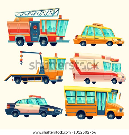 Vector cartoon municipal city services, emergency, police car, firetruck, ambulance, taxi transport, school bus, evacuator, social, public urban occupations Great illustration for networking, web