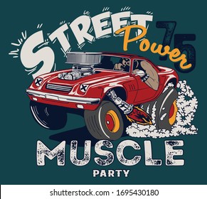 vector cartoon muscle car and race rider illustration for t shirt print 