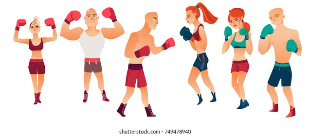 vector cartoon muscular strong cute beautiful woman, girl and handsome man stand in different poses with red boxing gloves smiling set. Isolated illustration on a white background.