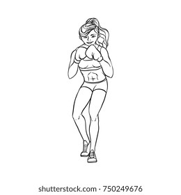 vector cartoon muscular strong cute beautiful woman, girl in boxing stand with box gloves in fighting position. Isolated illustration on a white background.