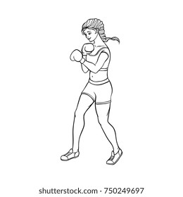 vector cartoon muscular strong cute beautiful woman, girl in boxing stand with box gloves in fighting position. Isolated illustration on a white background.