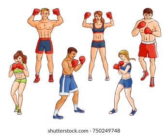 vector cartoon muscular strong cute beautiful woman, girl and handsome man stand in different poses with red boxing gloves smiling set. Isolated illustration on a white background.