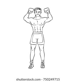 vector cartoon muscular strong handsome boxer man bare torso and chest standing with hands in boxing gloves raised up smiling like winner. Isolated illustration on a white background.