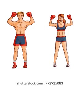 vector cartoon muscular strong handsome boxer man, woman bare torso and chest standing with hands in red boxing gloves raised up smiling like winner set. Isolated illustration on a white background.