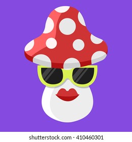 Vector cartoon mushroom with glasses and red lips isolated icon.