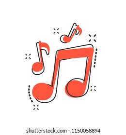 Vector cartoon music icon in comic style. Sound note sign illustration pictogram. Melody music business splash effect concept.