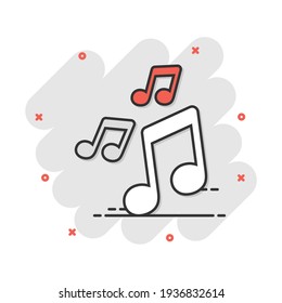 Vector cartoon music icon in comic style. Sound note sign illustration pictogram. Melody music business splash effect concept.