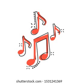 Vector cartoon music note icon in comic style. Sound media concept illustration pictogram. Audio note business splash effect concept.