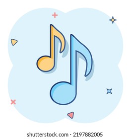 Vector cartoon music note icon in comic style. Sound media concept illustration pictogram. Audio note business splash effect concept.