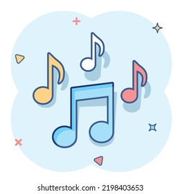 Vector cartoon music note icon in comic style. Sound media concept illustration pictogram. Audio note business splash effect concept.