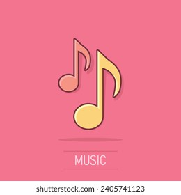 Vector cartoon music note icon in comic style. Sound media concept illustration pictogram. Audio note business splash effect concept.