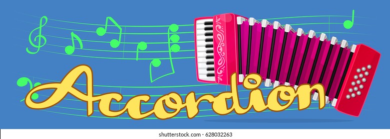 vector cartoon musical instrument. Pink accordion (classical bayan, harmonica, jew's-harp). Music banner. Handwriting text. Hand drawn concept illustration. Sheet music. Decorative abstract wallpaper
