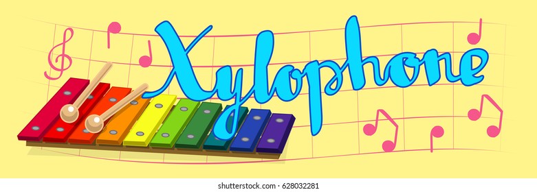 vector cartoon musical instrument. Rainbow xylophone & drumsticks. Music banner. Handwriting text. Hand drawn concept illustration. Colorful horizontal background.
