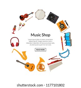 Vector cartoon musical instruments in circle shape with place for text illustration