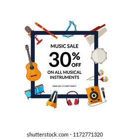 Vector cartoon musical instruments flying around frame with place for text illustration