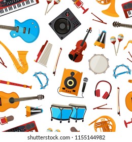 Vector cartoon musical instruments pattern or background illustration. Music cartoon pattern, musical instrument