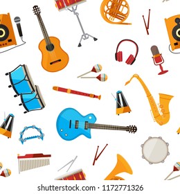 Vector cartoon musical instruments seamless pattern isolated on background llustration