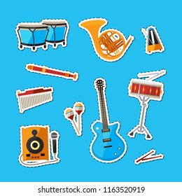Vector cartoon musical instruments stickers set illustration isolated on blue background