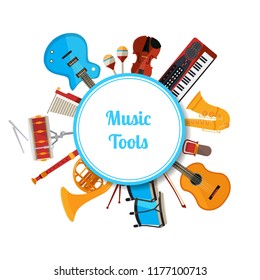 Vector cartoon musical instruments under circle with place for text illustration