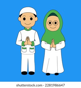 vector cartoon of a muslim husband and wife giving a two hand greeting gesture