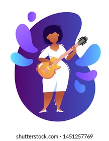 Vector cartoon neon illustration of african jazz, soul female musician on bass guitar isolated on blue gradient background. Full height portrait of black woman used for music poster, magazine