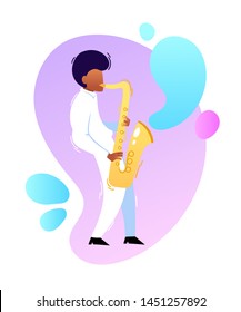 Vector cartoon neon illustration of african jazz, soul musician with saxophone isolated on gradient pink background. Full height portrait of black man used for music poster, magazine