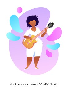 Vector cartoon neon illustration of african jazz, soul female musician on bass guitar isolated on pink gradient background. Full height portrait of black woman used for music poster, magazine