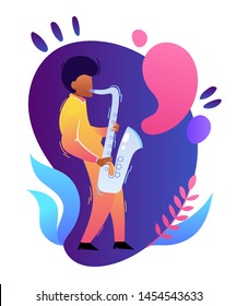 Vector cartoon neon illustration of african jazz, soul musician with saxophone isolated on gradient ultramarine background. Full height portrait of black man used for music poster, magazine