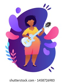 Vector cartoon neon illustration of african jazz, soul female musician on bass guitar isolated on blue gradient background. Full height portrait of black woman used for music poster, magazine