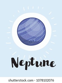 Vector cartoon neptune planet. Vector illustration isolated on white background. Hand drawn lettering name.