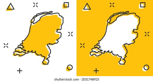 Vector cartoon Netherlands map icon in comic style. Netherlands sign illustration pictogram. Cartography map business splash effect concept.