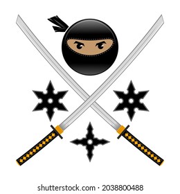 Dibujo vectorial Ninja Face Icon con estrellas de Katana y metal aisladas en fondo blanco. Logo del Guerrero.