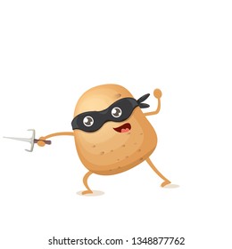 vector cartoon ninja potato character with black super hero mask and ninja knife sai isolated on white background. super funky vegetable food character