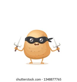 vector cartoon ninja potato character with black super hero mask and ninja knife sai isolated on white background. super funky vegetable food character