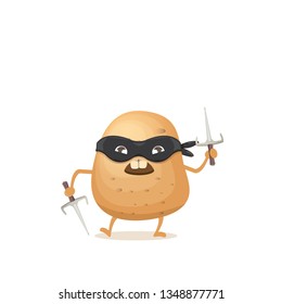 vector cartoon ninja potato character with black super hero mask and ninja knife sai isolated on white background. super funky vegetable food character