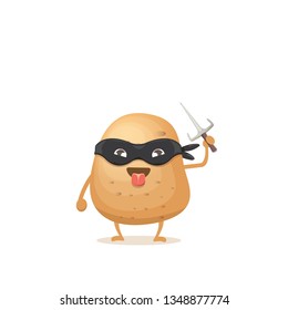 vector cartoon ninja potato character with black super hero mask and ninja knife sai isolated on white background. super funky vegetable food character