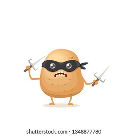 vector cartoon ninja potato character with black super hero mask and ninja knife sai isolated on white background. super funky vegetable food character