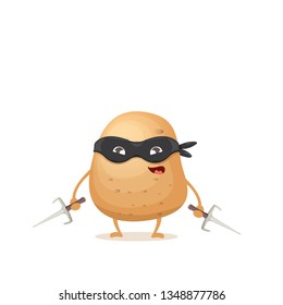 vector cartoon ninja potato character with black super hero mask and ninja knife sai isolated on white background. super funky vegetable food character