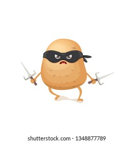 vector cartoon ninja potato character with black super hero mask and ninja knife sai isolated on white background. super funky vegetable food character