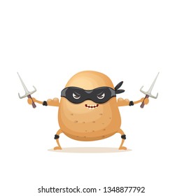 vector cartoon ninja potato character with black super hero mask and ninja knife sai isolated on white background. super funky vegetable food character