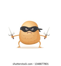 vector cartoon ninja potato character with black super hero mask and ninja knife sai isolated on white background. super funky vegetable food character