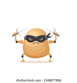 vector cartoon ninja potato character with black super hero mask and ninja knife sai isolated on white background. super funky vegetable food character